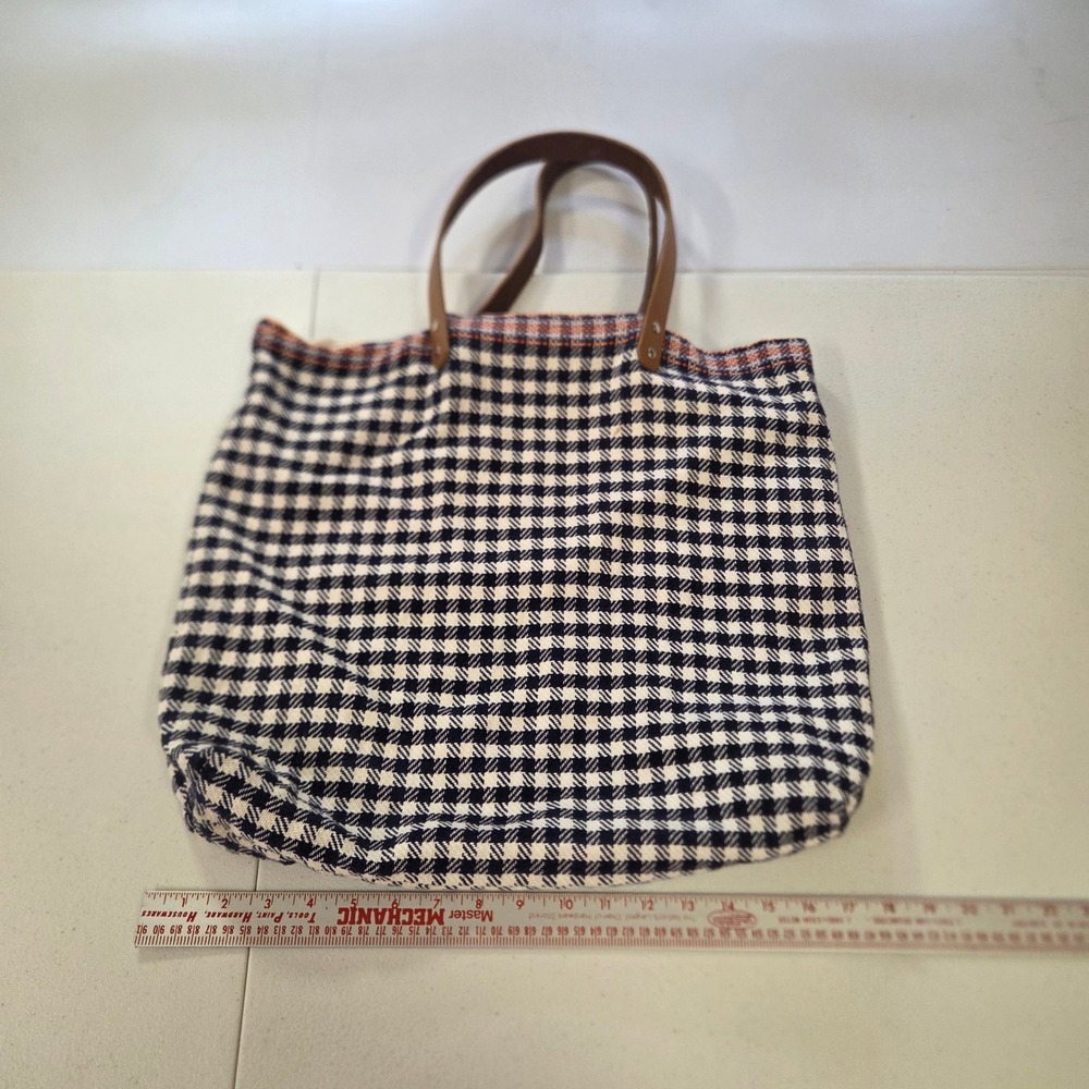 Boon Supply Navy Gingham Cotton Tote Bag Leather Handles Checkered Print